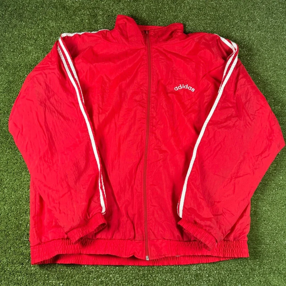Vintage Adidas Windbreaker Jacket Mens XL Red White 3 Stripe Full Zip‎ Track